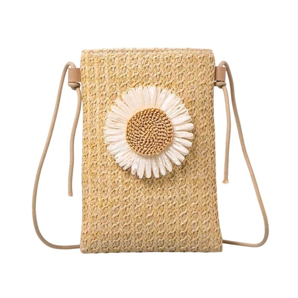 Woven Straw Crossbody Bag with‎ Daisy Flower Accent Small Phone Pouch